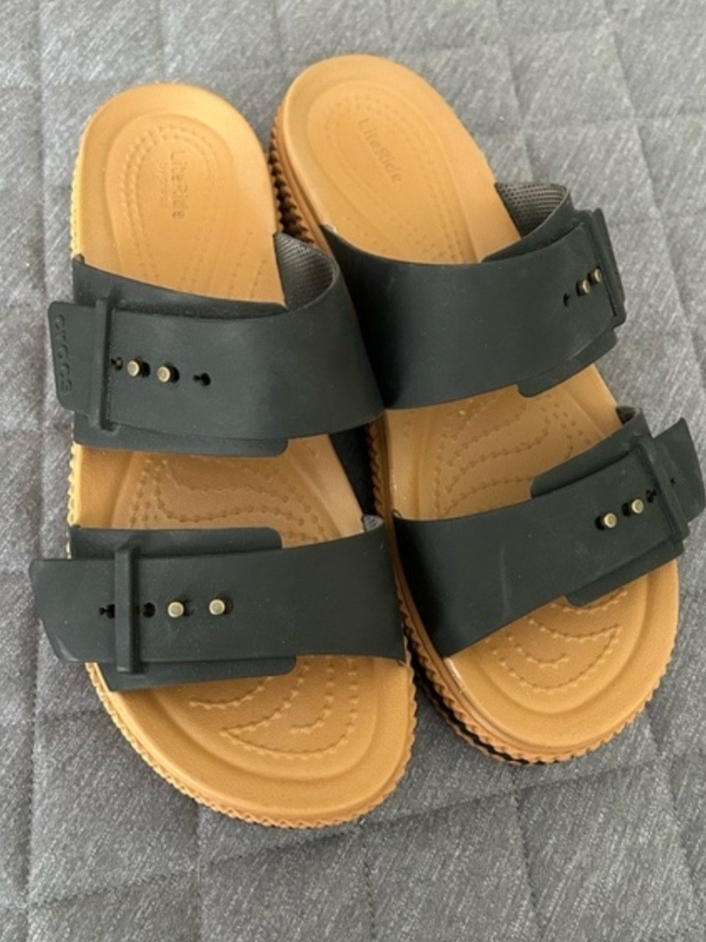 Crocs Black Double-Buckle Slide Sandals with Tan Footbed Size 8